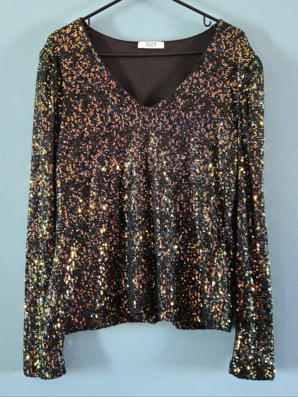 Black Multi Color Sequin V-Neck Long Sleeve Top